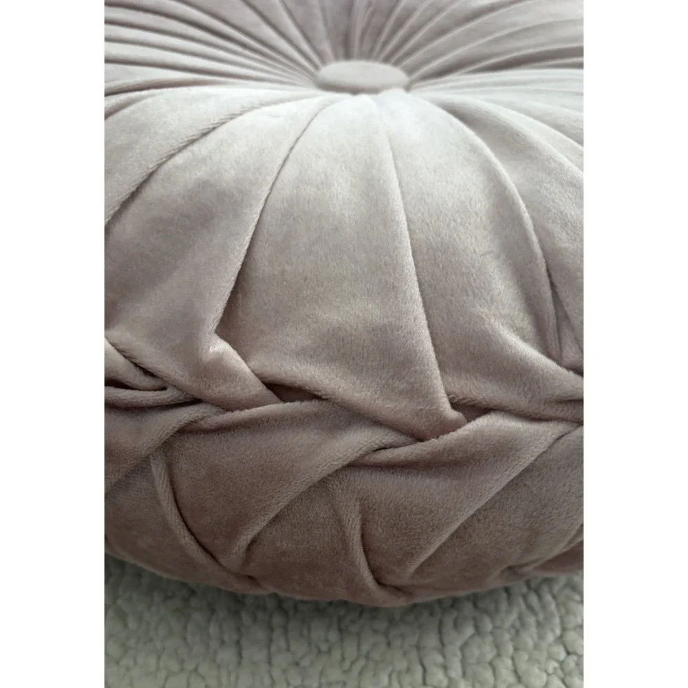 Round Velvet Throw Pillow Pumpkin Light Pink Blush Tufted Pleated Cushion Decor